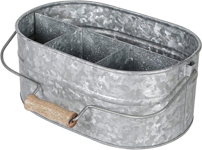 Light & Pro Multipurpose Galvanized Rustic Farmhouse Caddy - Metal 4 Compartment Storage Bin Caddy With Wooden Handle Perfect For Kitchen Utensils, Picnic, Garden Planter - Hammered - Antique Grey - Image 1